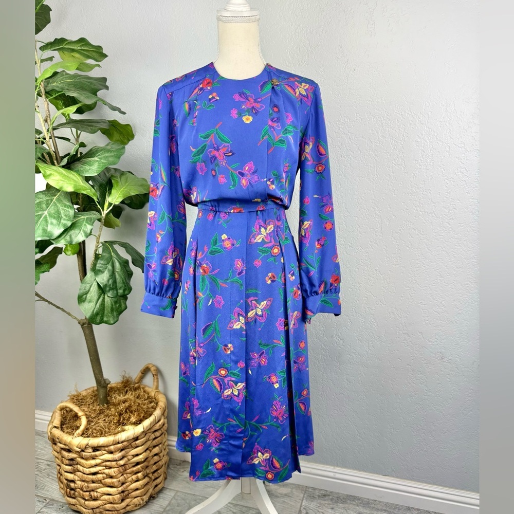 Vintage Liz Claiborne Pleated Long Sleeve Floral Purple Retro Midi Dress